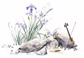 水渠石头旁紫色兰花生长蝴蝶水墨画插画免抠