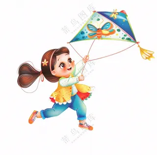 放风筝纸鸢的女孩儿童人物卡通插画免抠