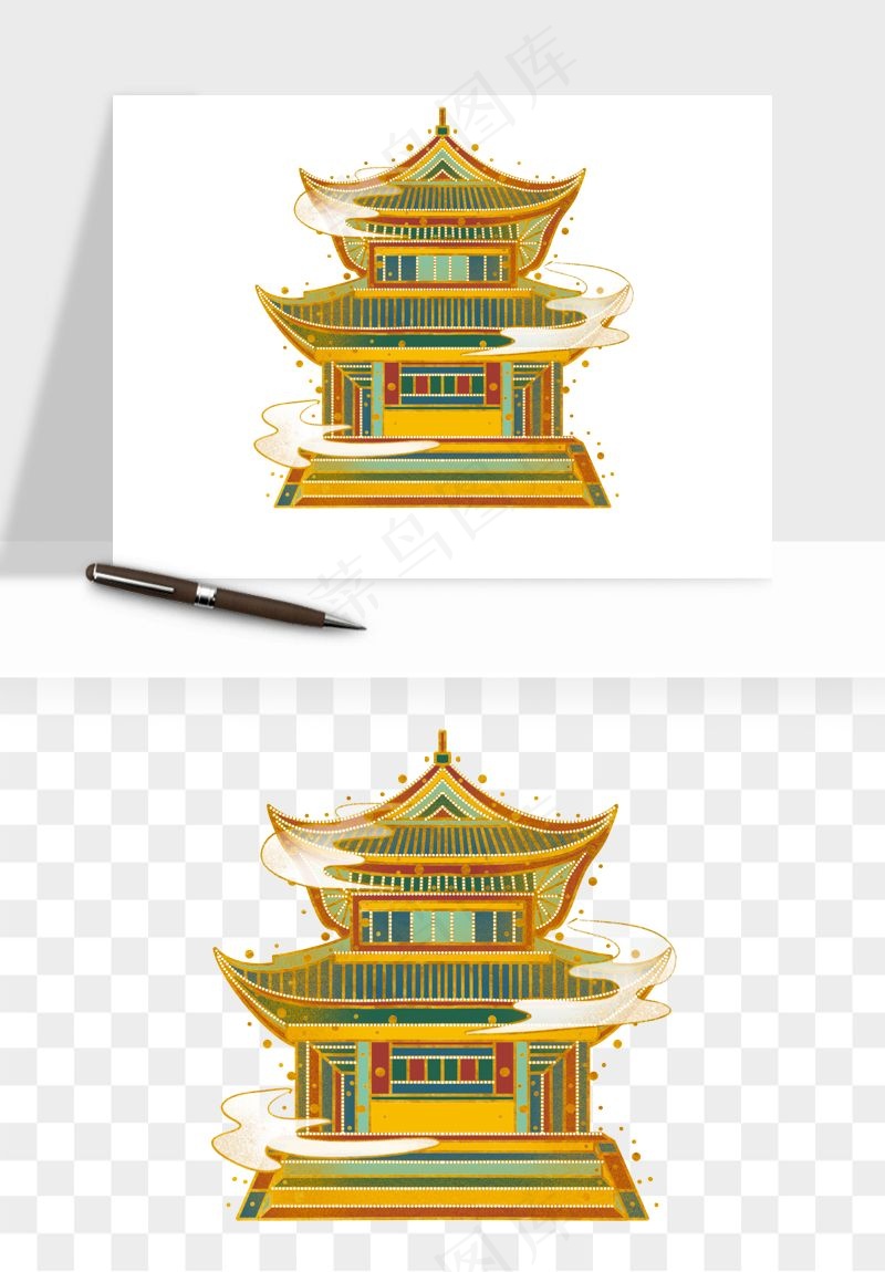 国潮风古建筑古楼古塔鼓楼psd,png免抠图