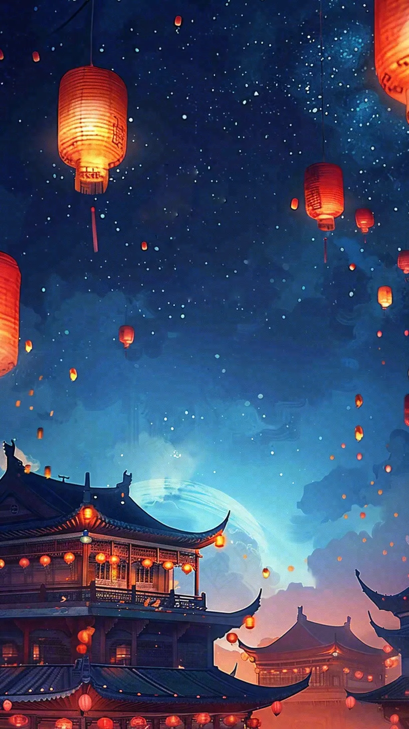 夜晚点灯孔明灯祈福中元节寒衣节插画背景