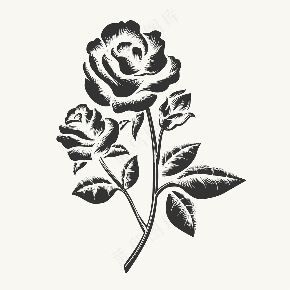 黑色高雅玫瑰花朵雕刻图像绘制装饰版画