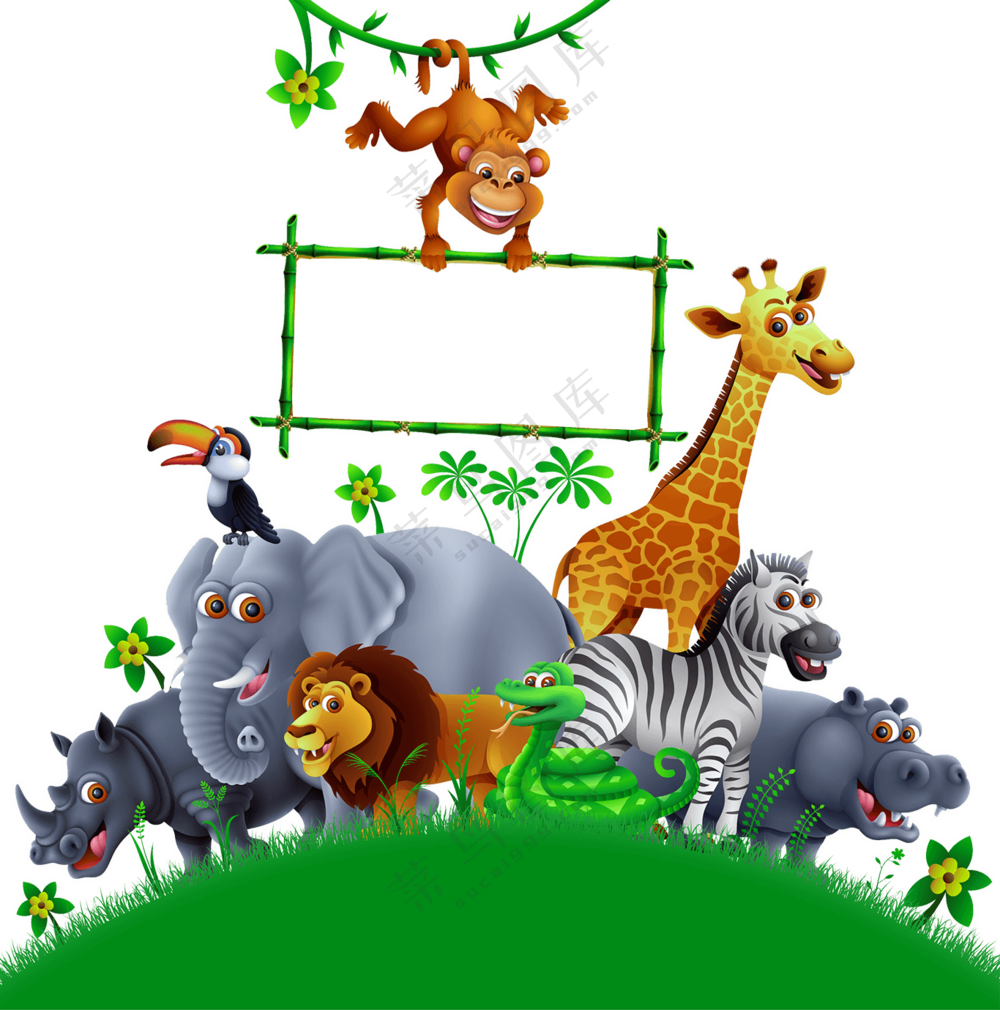 草地上的多种动物卡通创意免抠图片