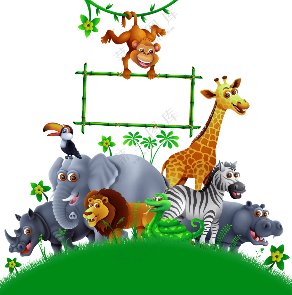 草地上的多种动物卡通创意免抠图片