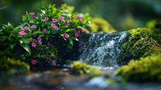 山涧溪流夏日清凉解暑苔藓植物小花立夏夏至摄影图