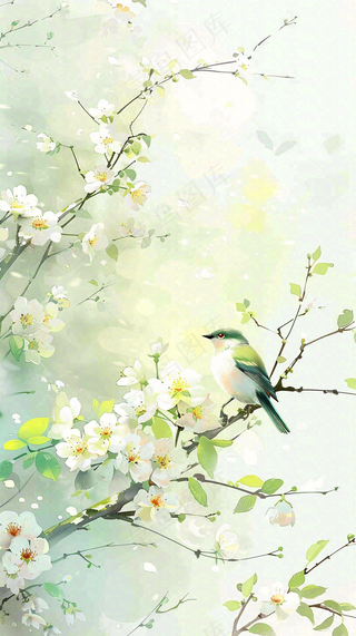 春天繁华盛开树枝小鸟春意小清新唯美立春惊蛰插画背景