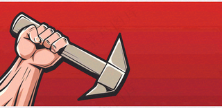 劳动局卡通复古插画工人手拿工具红色插画背景