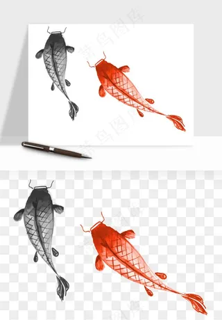 锦鲤鱼手绘水墨png免抠
