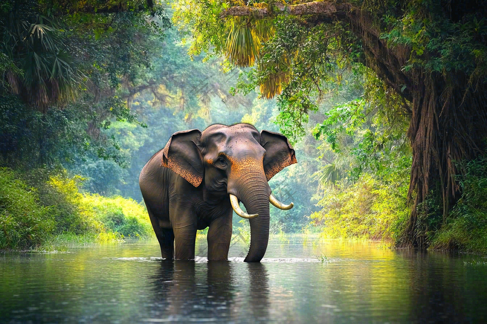 云南森林河流大象象群野生动物保护动物摄影图