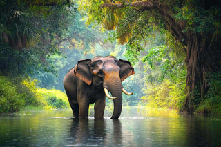 云南森林河流大象象群野生动物保护动物摄影图