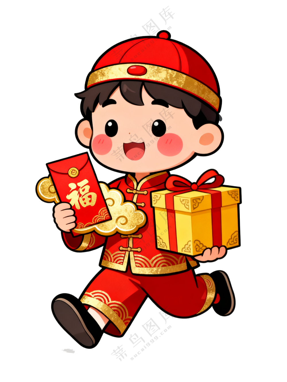 卡通风春节小男孩儿童小孩拿福袋礼物插画