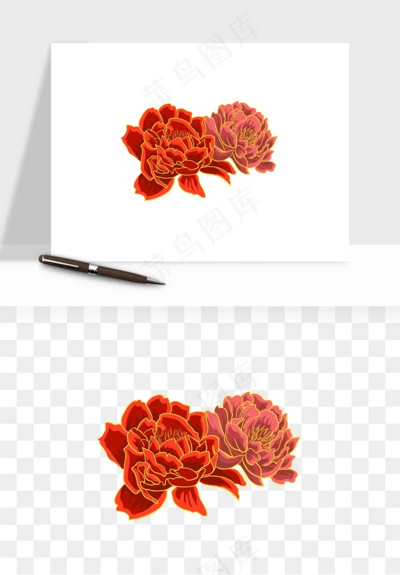 手绘国潮牡丹花花卉图案png免抠