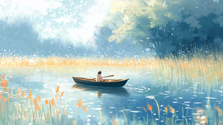 秋天湖面泛舟的人落叶芦苇寒露白露插画背景