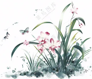 兰花粉色吊兰蝴蝶水墨画插画免抠