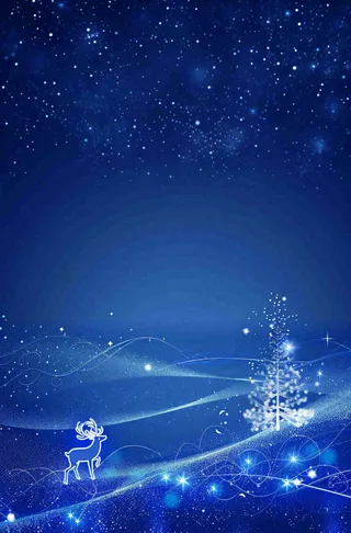 夜晚蓝色星空月亮麋鹿圣诞树平安夜圣诞节梦幻插画背景