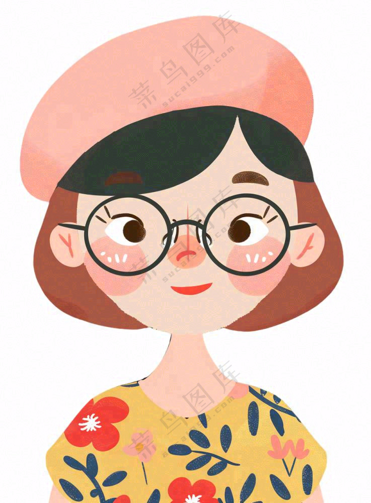 戴眼镜的可爱女孩精致人物卡通插画免抠