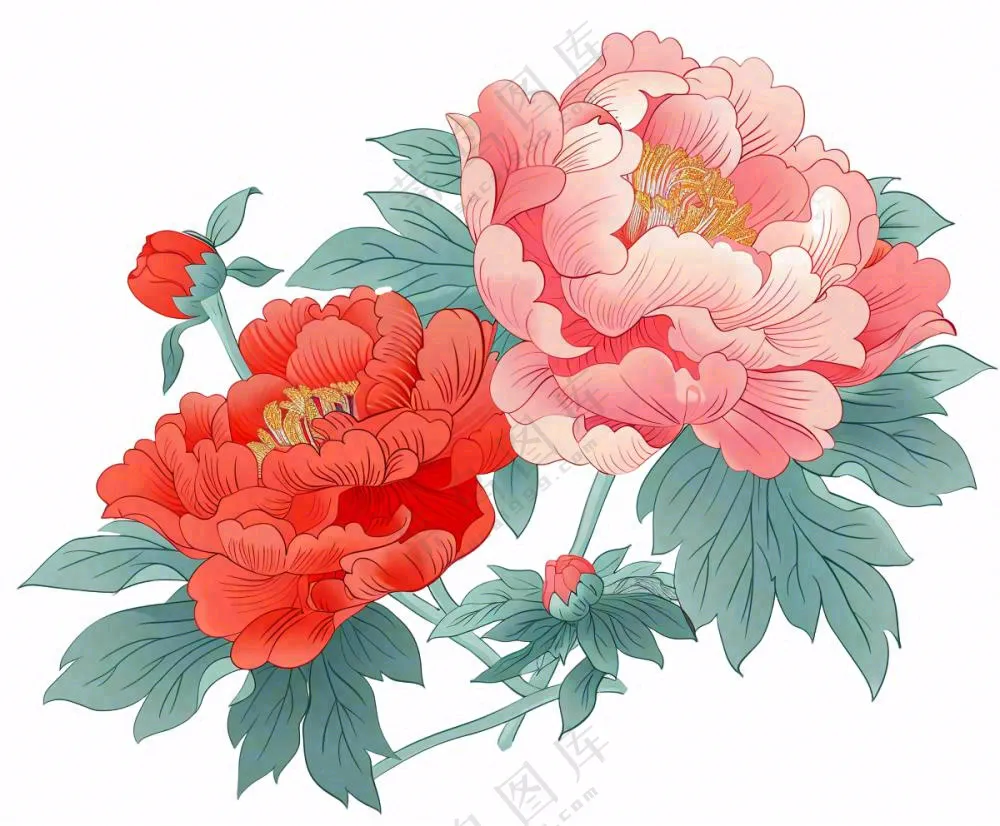 国花牡丹鲜艳花朵植物插画免抠