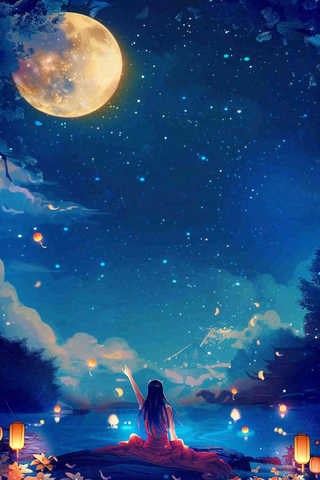 夜晚点灯孔明灯祈福中元节寒衣节插画背景