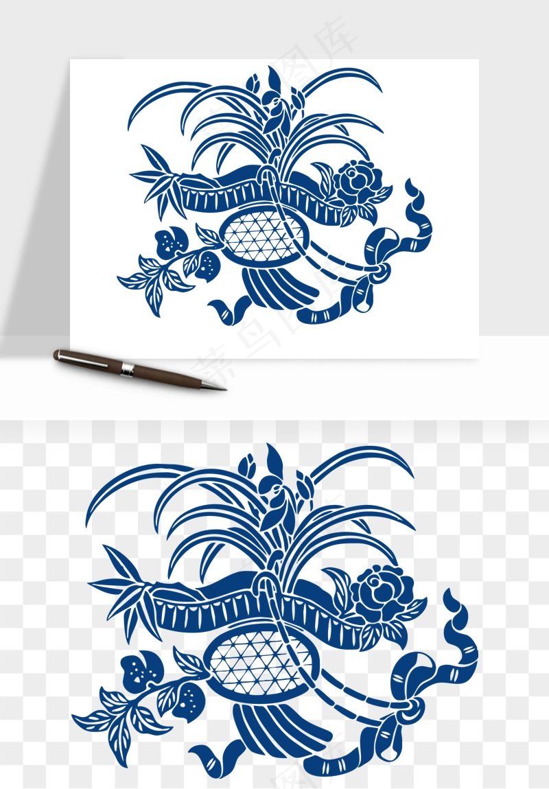 青花瓷花纹花卉图案png免抠