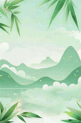 中国风插画山水竹叶青色插画清新淡雅端午节插画背景