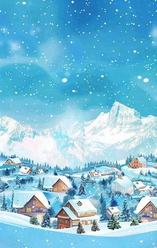 冬季大雪纷飞雪山脚下的城镇村庄小雪大雪大寒背景