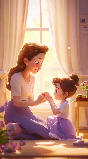 母亲节妈妈亲情抱着孩子鲜花光辉插画背景