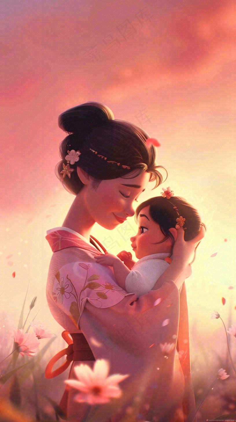 母亲节妈妈亲情抱着孩子鲜花光辉插画背景