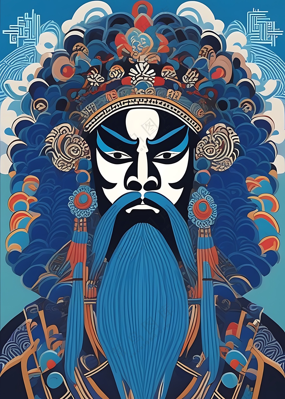 京剧脸人物_插画_扁平元素_图形丰富_蓝色和黑色