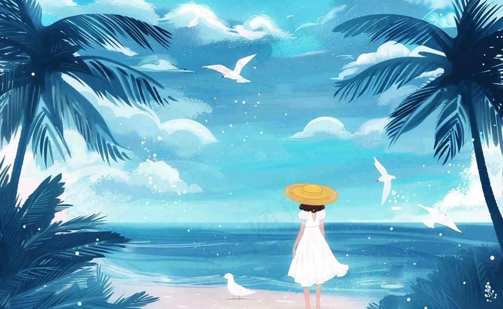 夏天海洋沙滩度假清凉一夏夏至大暑插画背景
