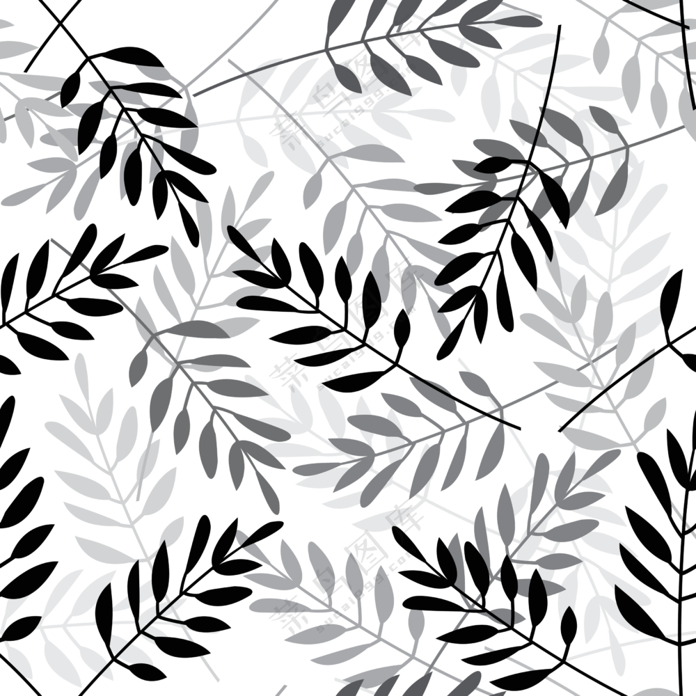 黑白色彩植物枝叶无缝图案免抠图片