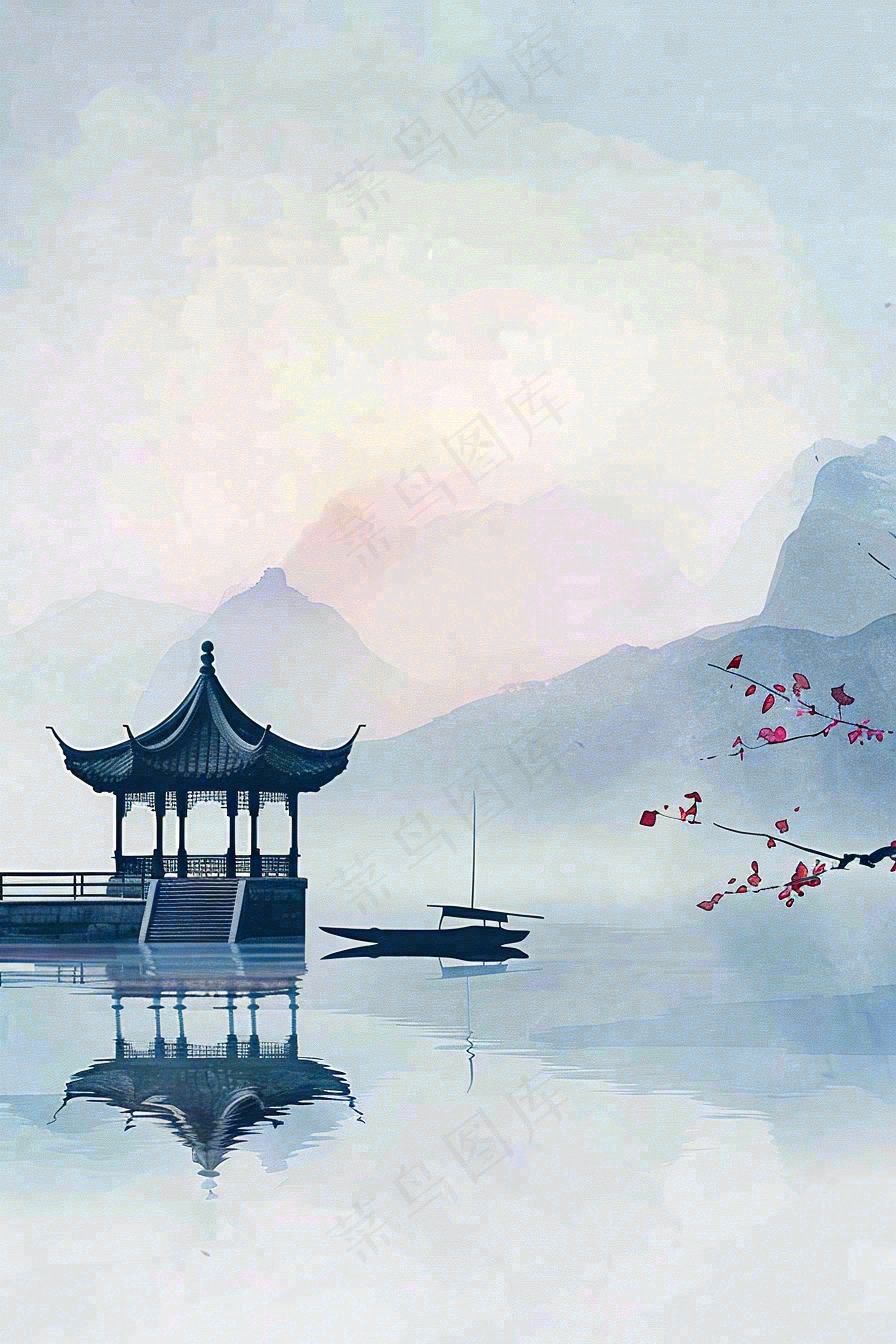 中国风山水凉亭霜降插画背景