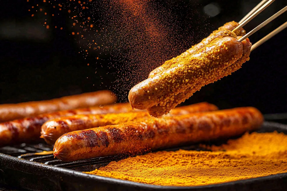 烤火腿肠煎辣椒面香辣美食小吃摄影图