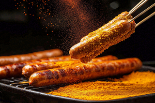 烤火腿肠煎辣椒面香辣美食小吃摄影图