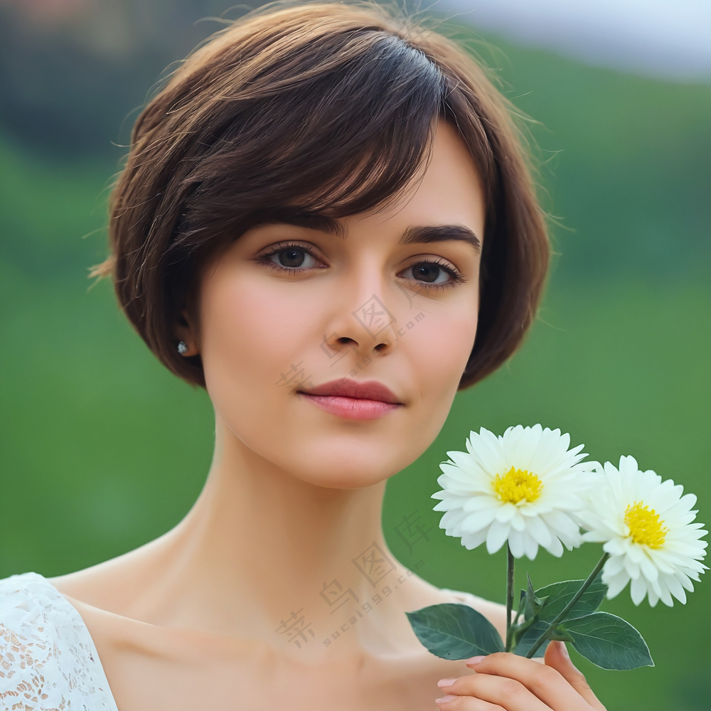 手持白色菊花的欧美短发美女