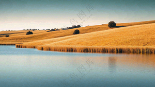 秋天枯黄的草原湖泊大自然风光摄影图