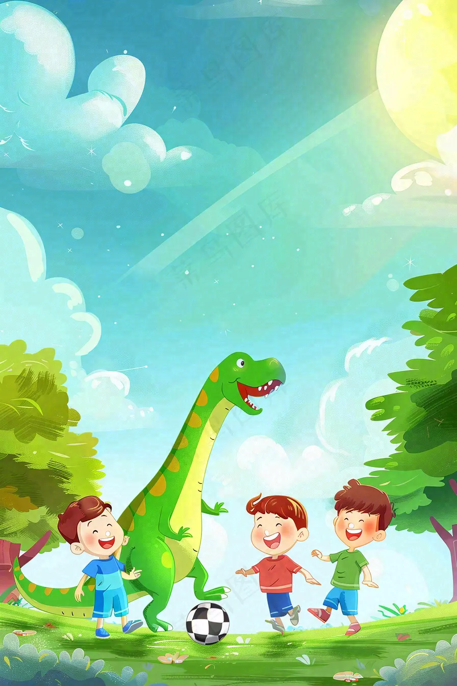 儿童和恐龙一起踢球玩耍创意童话儿童节卡通插画背景