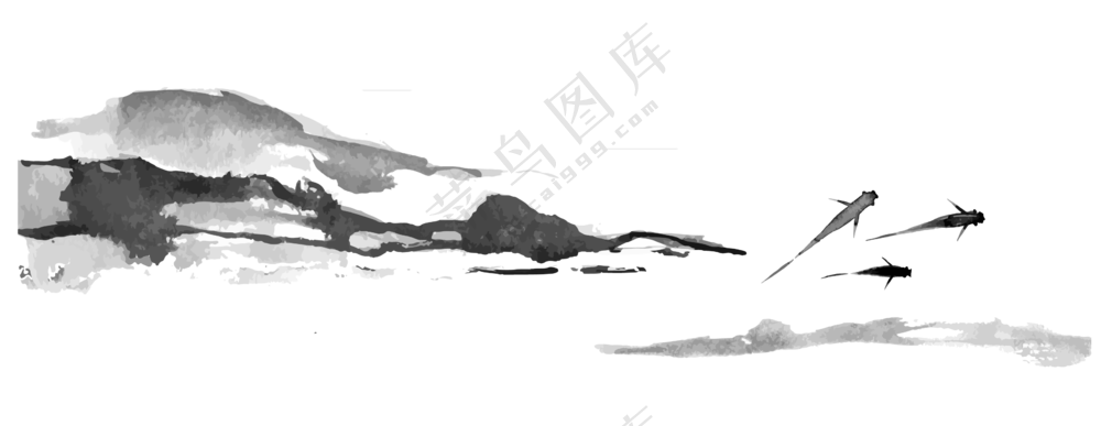 水墨中国风游鱼与远山免抠图片素材