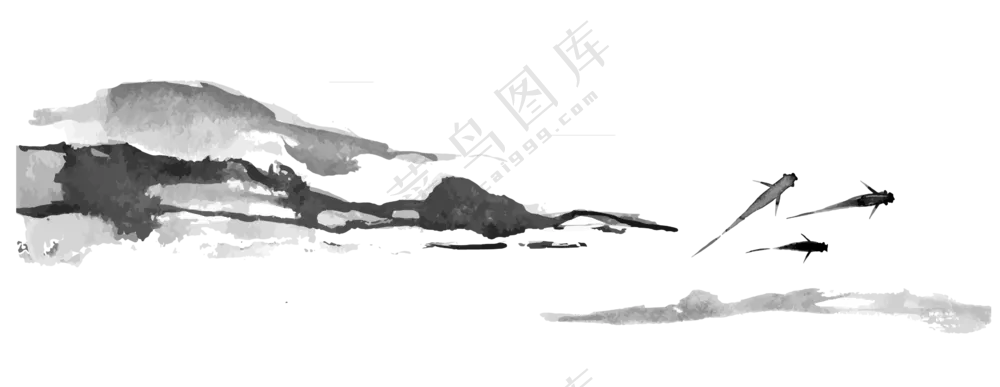 水墨中国风游鱼与远山免抠图片素材