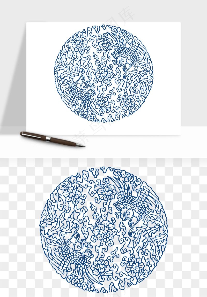 青花瓷花纹花卉图案png免抠