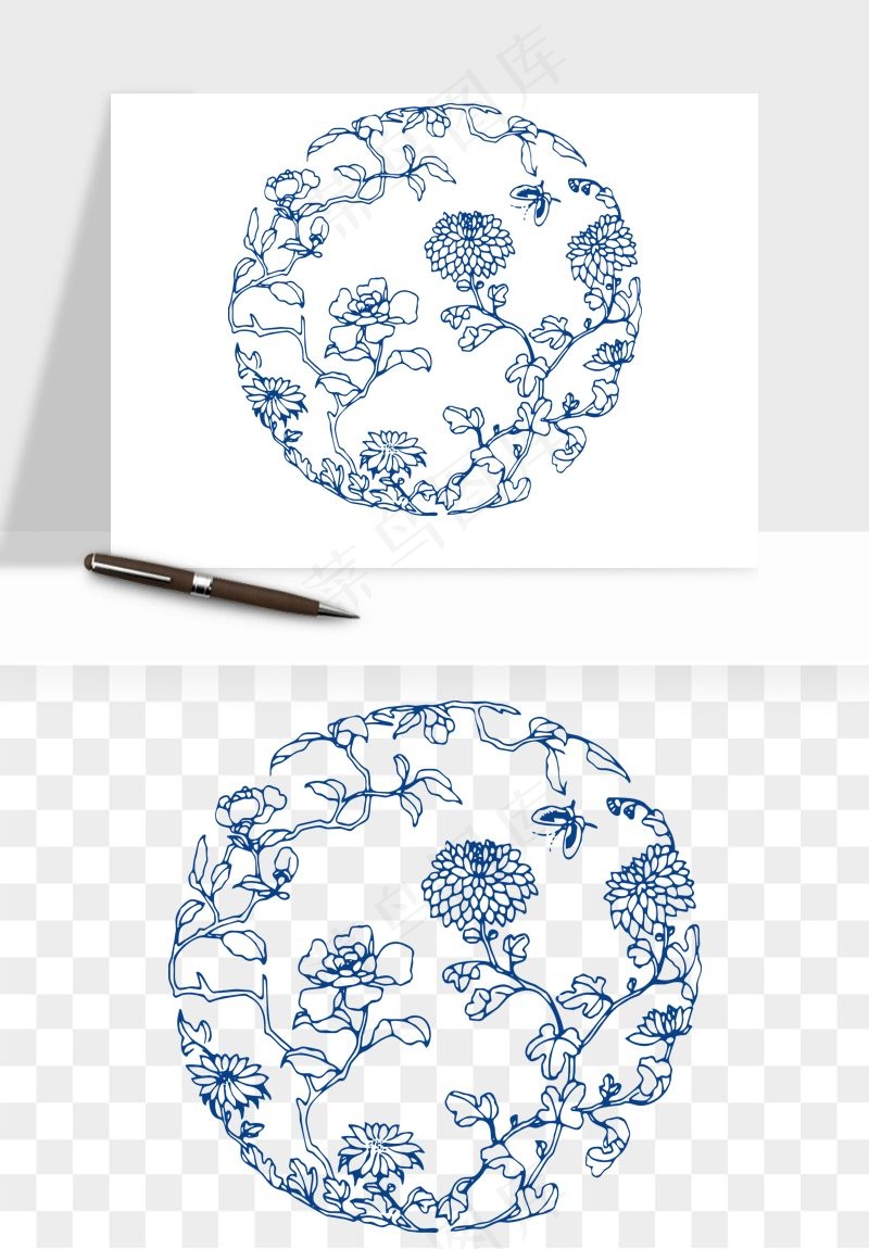 青花瓷花纹花卉图案png免抠