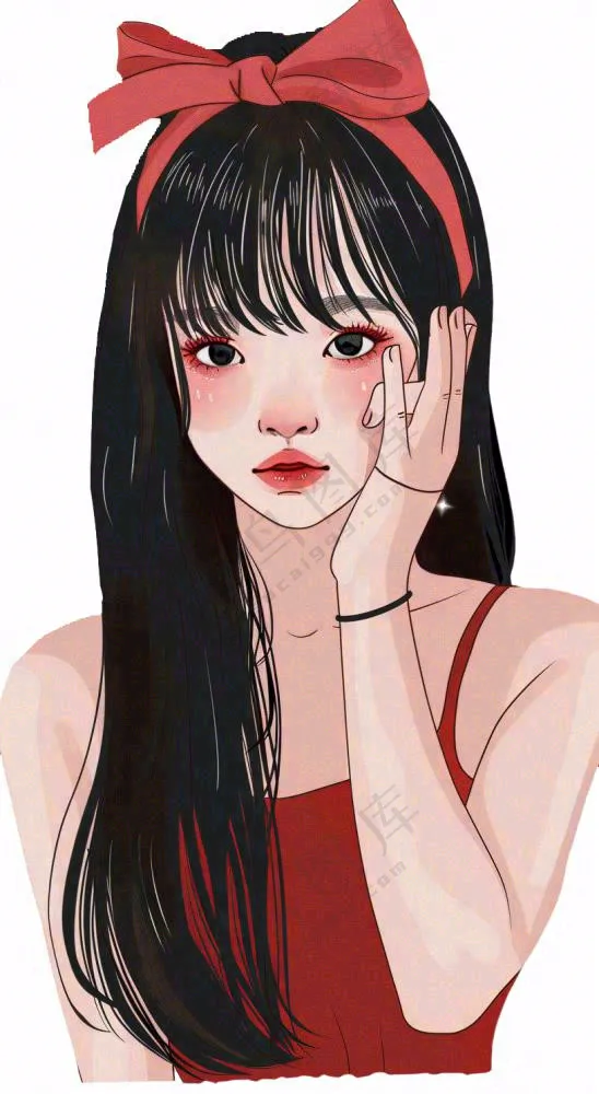 红色裙子的少女美丽卡通插画免抠