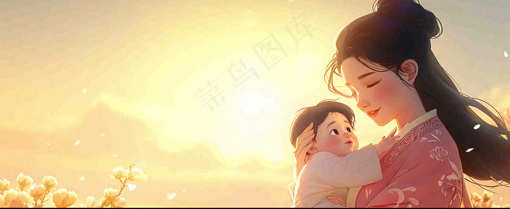 母亲节妈妈亲情抱着孩子鲜花光辉插画背景