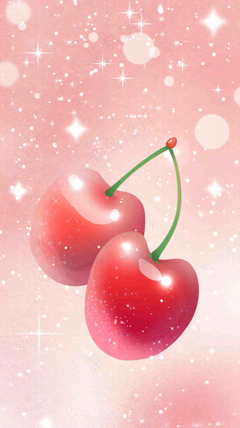 粉色樱桃水果梦幻唯美弥散风插画背景