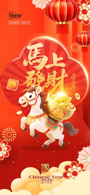 马年喜庆卡通骏马元宝新年海报