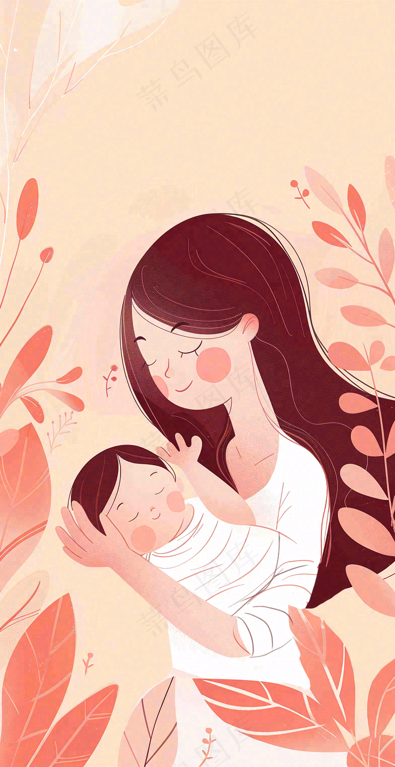 母亲节妈妈亲情抱着孩子鲜花光辉插画背景