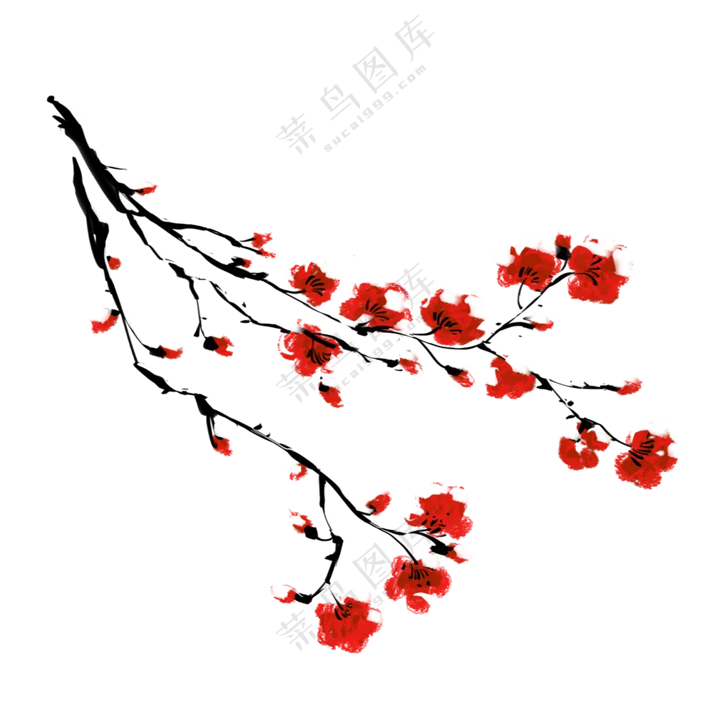 雪中树枝上的红色花朵绘画免抠图片