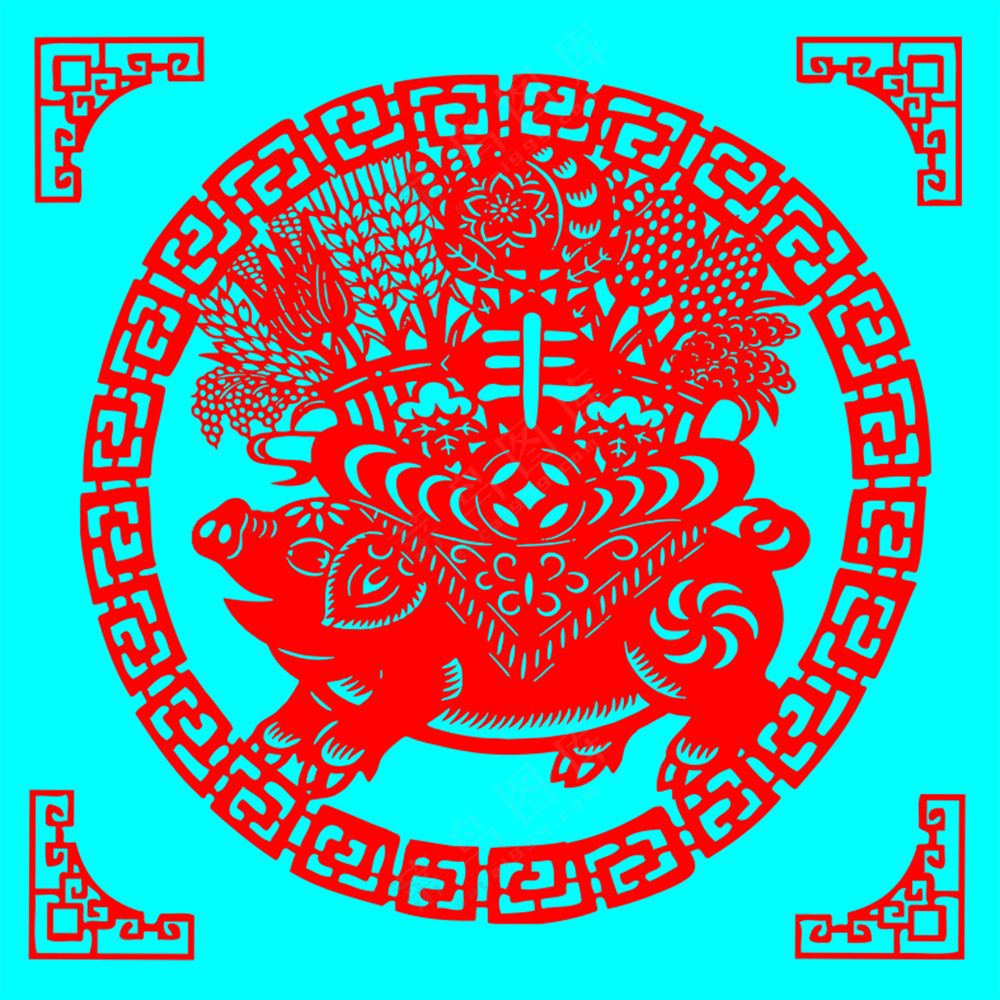 红色圆形猪丰收剪纸