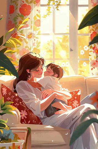 母亲节妈妈亲情抱着孩子鲜花光辉插画背景
