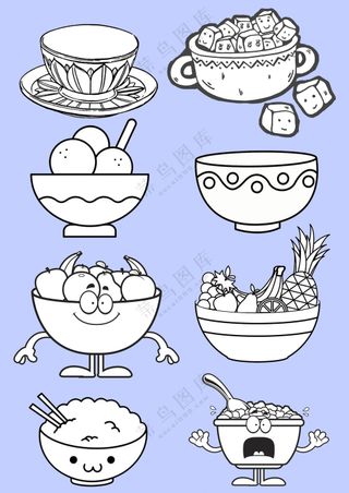 碗筷餐具简笔画黑白线稿免抠元素大合集