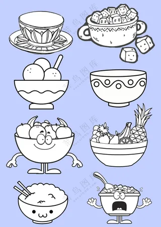 碗筷餐具简笔画黑白线稿免抠元素大合集