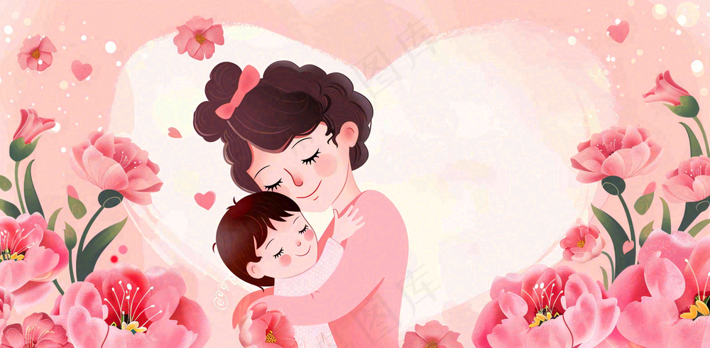 母亲节妈妈亲情抱着孩子鲜花光辉插画背景